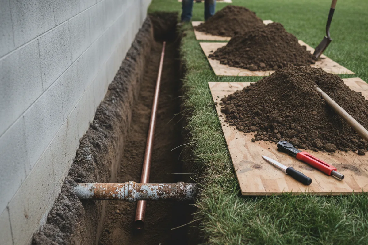 Excavated water line trench during Water Softener Installation in Mitchell